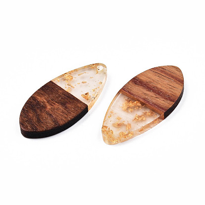 Transparent Resin & Walnut Wood Pendants, with Foil, Teardrop Shape Charm