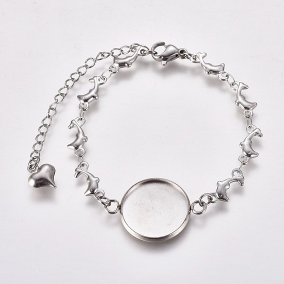 304 Stainless Steel Bracelet Making, with Lobster Claw Clasps, Dolphin Link Chains and Flat Round Cabochon Settings