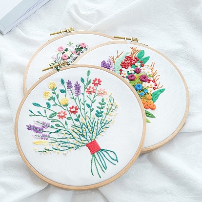 Flower Bouquet Pattern 3D Embroidery Starter Kits, including Embroidery Fabric & Thread, Needle, Instruction Sheet