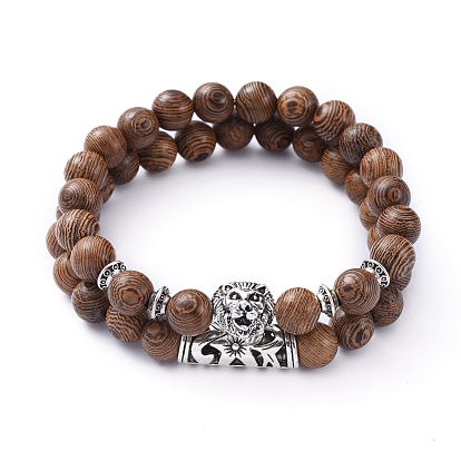 Stretch Bracelets Sets, with Natural Wood Beads and Tibetan Style Alloy Beads, Lion Head & Tube