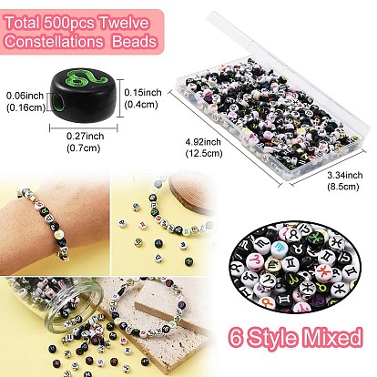 Perles hashtag acryliques de style mixte, plat rond avec douze constellations, couleur mixte