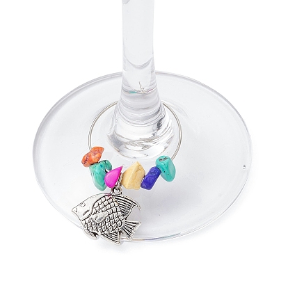 Fish Alloy Wine Glass Charms, with Synthetic Turquoise Beads and Brass Wine Glass Charm Rings