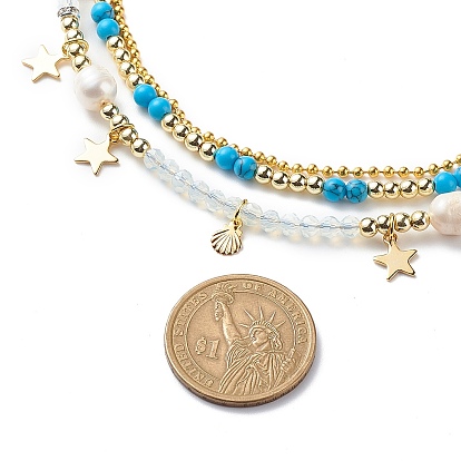 3 pcs 3 style perle naturelle & pierre de lune blanche & turquoise synthétique & opalite ensemble de colliers de perles, colliers de charmes d'étoiles en coquille de laiton pour femmes