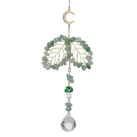 Glass Pendant Decorations, Brass with Natural Green Aventurine Chip Bead, with 304 Stainless Steel Cable Chains