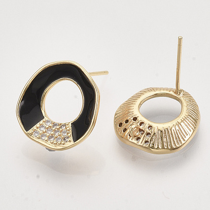 Brass Micro Pave Cubic Zirconia Stud Earring Findings, Enamel and Loop, Nickel Free, Real 18K Gold Plated, Ring