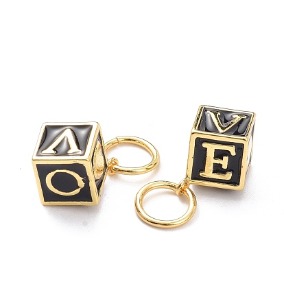 Laiton émail pendentifs, avec anneau de saut, plaqué longue durée, cube avec mot amour, réel 18 k plaqué or