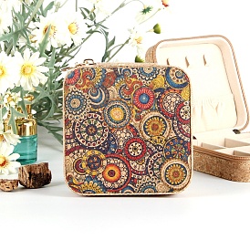 Ethnic Portable Printed Square Cork Wood Jewelry Packaging Zipper Box for Necklaces Earrings Storage