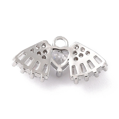 Eco-Friendly Brass Micro Pave Clear Cubic Zirconia Charms, Cadmium Free & Lead Free, Heart and Wing