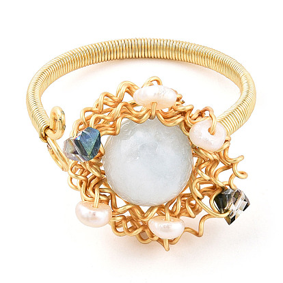 Anillo de puño abierto redondo plano con cuentas trenzadas de perlas naturales y piedras preciosas, joyas envueltas en alambre de latón para mujer