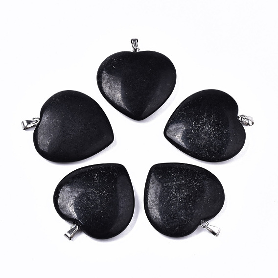 Synthetic Black Stone Pendants, with 304 Stainless Steel Snap On Bails, Heart, Stainless Steel Color