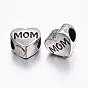 Mother's Day Theme, 304 Stainless Steel European Beads, Large Hole Beads, Heart with Word Mom