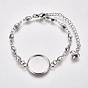 Valentine's Day 304 Stainless Steel Bracelet Making, with Lobster Claw Clasps, Flower Link Chains and Flat Round Cabochon Settings