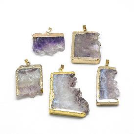 Natural Druzy Amethyst Pendants, with Brass Findings, Mixed Shapes, Golden