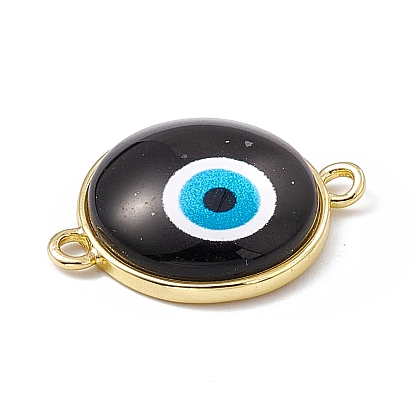 Evil Eye Resin Connector Charms, Flat Round Links, with Golden Tone Brass Findings