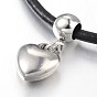 Corazón 304 pulseras de acero inoxidable, con cordón de cuero de vaca, 185x2.5 mm