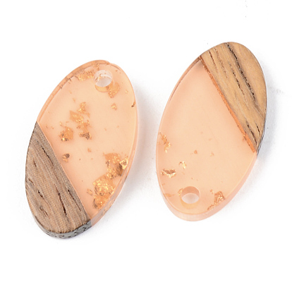 Transparent Resin & Walnut Wood Pendants, with Gold Foil, Oval
