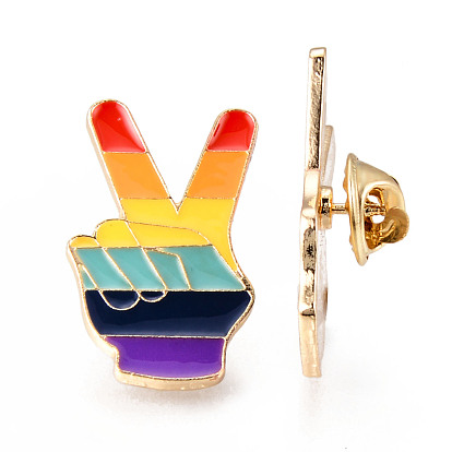 Alloy Enamel Brooches, Enamel Pin, with Brass Butterfly Clutches, Gesture for Victory, Light Gold, Cadmium Free & Nickel Free & Lead Free
