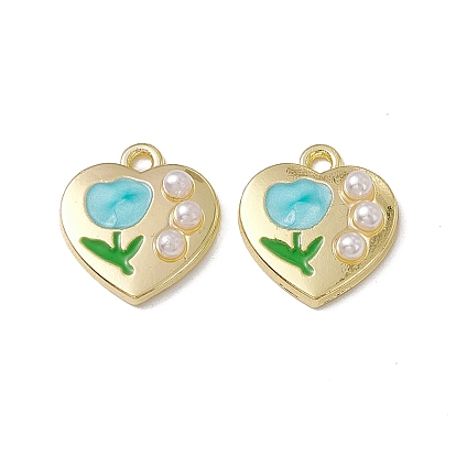 Pendentifs en plastique imitation perle abs, avec apprêts en alliage doré et émail, coeur avec breloque fleur