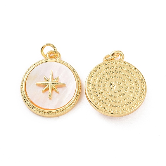 Brass Shell Pendants, with Jump Ring, Flat Round with Star Charms