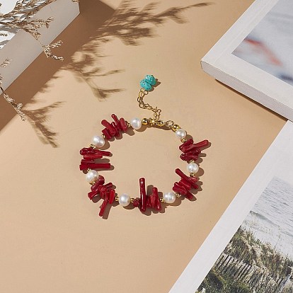 Pulsera de cuentas de coral sintético y perlas naturales con dijes de turquesa sintética (teñida), joyas de piedras preciosas para mujeres