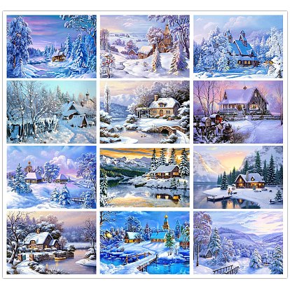 DIY Winter Snowy House Scenery Diamond Painting Kits, including Resin Rhinestones, Diamond Sticky Pen, Tray Plate and Glue Clay
