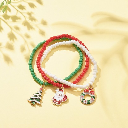 3 pcs 3 ensemble de bracelets extensibles en graines de verre de style, bracelets à breloques en alliage arbre de noël et père noël et couronne avec émail pour femme