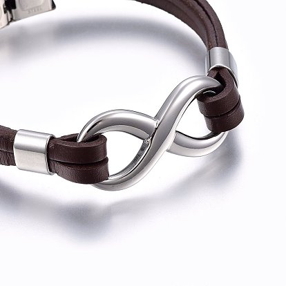 Bracelets de cordon en cuir, avec 201 fermoir inoxydable en acier , infini