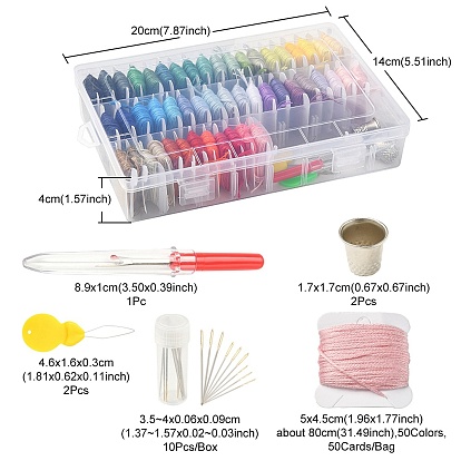 50 Colors Polyester Embroidery Threads Kits, with 2Pcs Iron Thread Guide Tool, 10Pcs Steel Sewing Needles, 2Pcs Thimble, 1Pc Seam Ripper