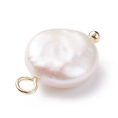 Natural Baroque Pearl Keshi Pearl Pendants, Cultured Freshwater Pearl, with Brass Loops, Flat Round, Floral White