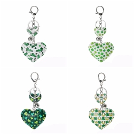 Saint Patrick's Day Imitation Leather Heart with Clover Keychains, with Alloy Finding