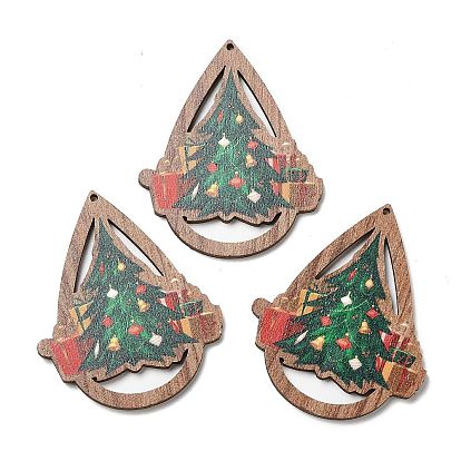Grands pendentifs en bois imprimés de noël à face unique, Breloques en forme de larme avec arbre de Noël