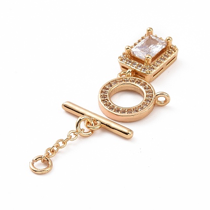 Brass Pave Clear Cubic Zirconia Toggle Clasps, Ring with Rectangle