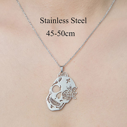 201 Stainless Steel Hollow Skull Pendant Necklace