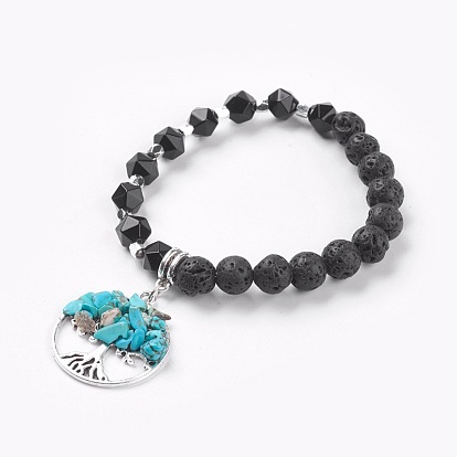 Natural Gemstone & Lava Rock Stretch Bracelets, with Alloy & Natural Gemstone Chip Pendants, Flat Round with Tree