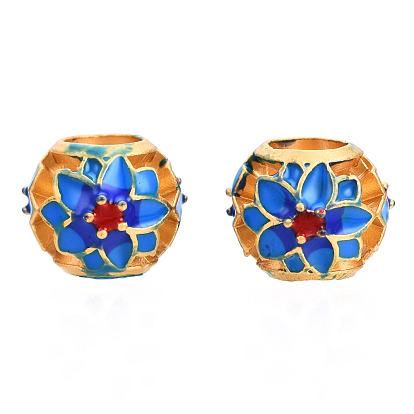 Alloy Enamel European Beads, Large Hole Beads, Matte Style, Cadmium Free & Lead Free, Rondelle with Flower