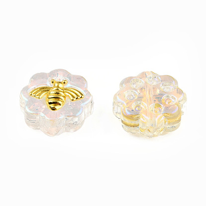 Galvanoplastie perles de verre transparentes, couleur ab , avec les accessoires en laiton plaqués or, fleur avec abeilles