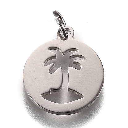 316L Surgical Stainless Steel Pendants, with Jump Rings, Flat Round with Hollow Palm Tree