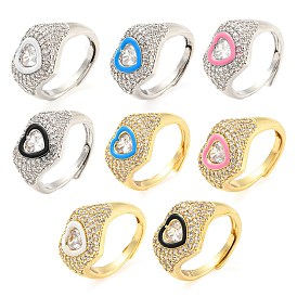 Enamel Heart Adjustable Ring with Clear Cubic Zirconia, Brass Ring, Lead Free & Cadmium Free