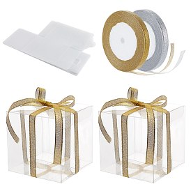Transparent Plastic PVC Box Gift Packaging, Waterproof Folding Cartons, with Glitter Metallic Ribbon, Cube