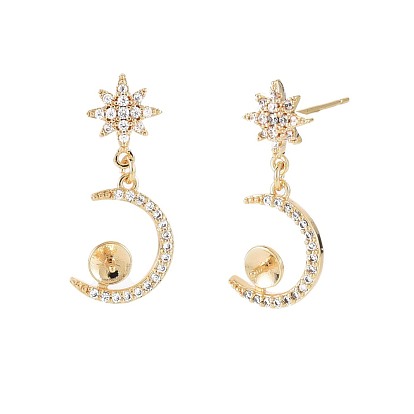 Brass Micro Pave Clear Cubic Zirconia Stud Earring Findings, for Half Drilled Beads, Nickel Free, Crescent Moon