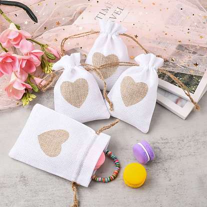 Burlap Packing Pouches, Drawstring Bags, Rectangle with Heart