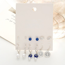 Demon Eye and Gold Circle Pearl Earrings Set - Simple and Elegant