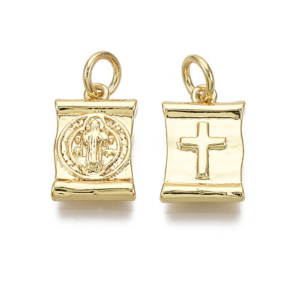 Brass Charms, with Jump Ring, Nickel Free, Rectangle with Saint & Cross