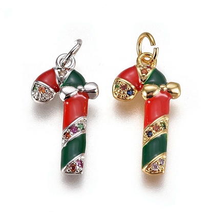 Brass Micro Pave Cubic Zirconia Pendants, with Enamel and Jump Ring, Christmas Candy Cane, Red & Green