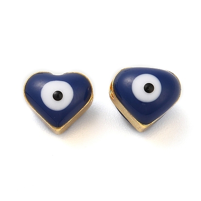Golden Tone Brass Enamel Beads, Cadmium Free & Lead Free, Long-Lasting Plated, Heart with Evil Eye