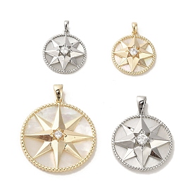 Brass Micro Pave Cubic Clear Zirconia Pendants, with Shell, Flat Round with Star