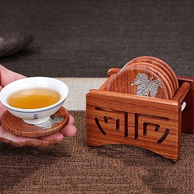 6Pcs Wood Cup Mats, Coasters, Serving Cup Tray, Round, with 1Pc Storage Holder