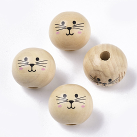 Natural Wood European Beads, Waxed and Printed, Undyed, Large Hole Beads, Round