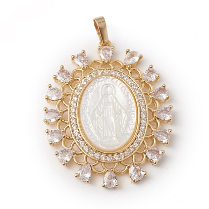 Eco-Friendly Rack Plating Brass Micro Pave Cubic Zirconia Pendant, with Natural White Shell, Long-Lasting Plated, Lead Free & Cadmium Free, Oval with Virgin Mary