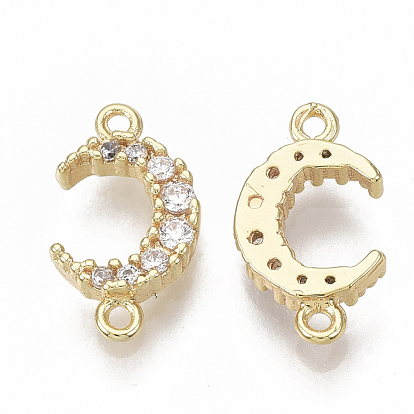 Brass Micro Pave Cubic Zirconia Links/Connectors, Nickel Free, Moon, Clear